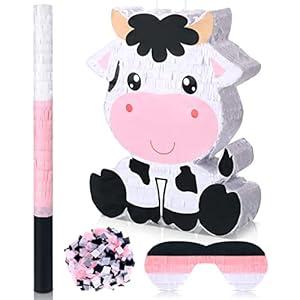 Seematn Cow Piñata Bundle with a Blindfold, Bat and Confetti Birthday Party Supplies Large Piñata 15.75 x 11.81 x 2.95'' for Kids Boy Construction Party Favors Decor