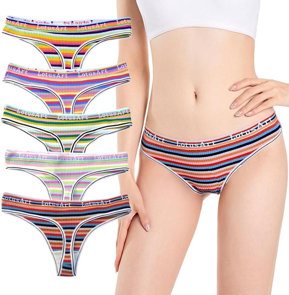 5-Pack Women's Colorful Striped Thong Underwear - Breathable Sports Bikini T-Back Panties (Large)