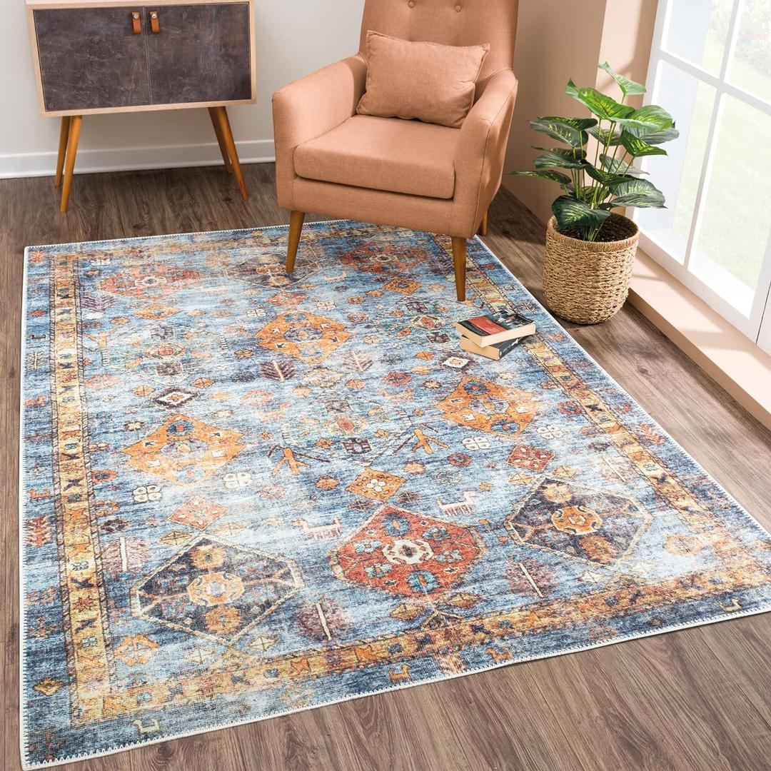 Bloom Rugs Washable Non-Slip 3' x 5' Rug - Blue/Orange Traditional Bordered Area Rug for Living Room, Bedroom, Dining Room, and Kitchen - Exact Size: 3' x 5'