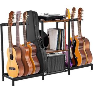 Nisorpa Metal Guitar Stand for 8 Guitars,Floor Guitar Holder with 3-Tier Wood Storage Shelf Multiple Guitars Rack,Display Guitar Stand Guitar Amp Stand For Music Studio Acoustic Electric Guitar Bass