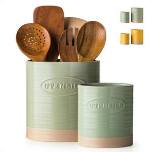 YHOSSEUN Kitchen Utensil Holder, 6.7"+5.1" Ceramic Utensil Holder for Kitchen Counter, Oval Cooking Utensil Crocks for Countertop, Utensil Storage Organizer Set of 2, Green (Large & Small)