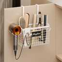 Hair Dryer Holder Cabinet Door 3-in-1 Adhesive Hair Tool Organizer Wall Mounted Adjustable Height Blow Dryer Holder Under Sink Bathroom Hair Appliance Organizer and Storage Countertop(White)