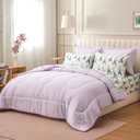 ARTALL Queen Bed in a Bag 7 Pieces, Light Purple Solid Comforter with Eiffel Tower Floral Sheet Set, French Chic Style Soft Bedding Sets with Comforter, Sheets, Pillowcases & Shams for All Seasons