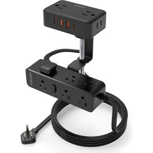 Dual Layer Desk Clamp Power Strip, Desktop Edge Mount Charging Station with 13 Outlets 4 USB Ports (2 USB C), Under Desk Surge Protector(1700 Joules), 10 Ft Extension Cord for Office Home (Black)