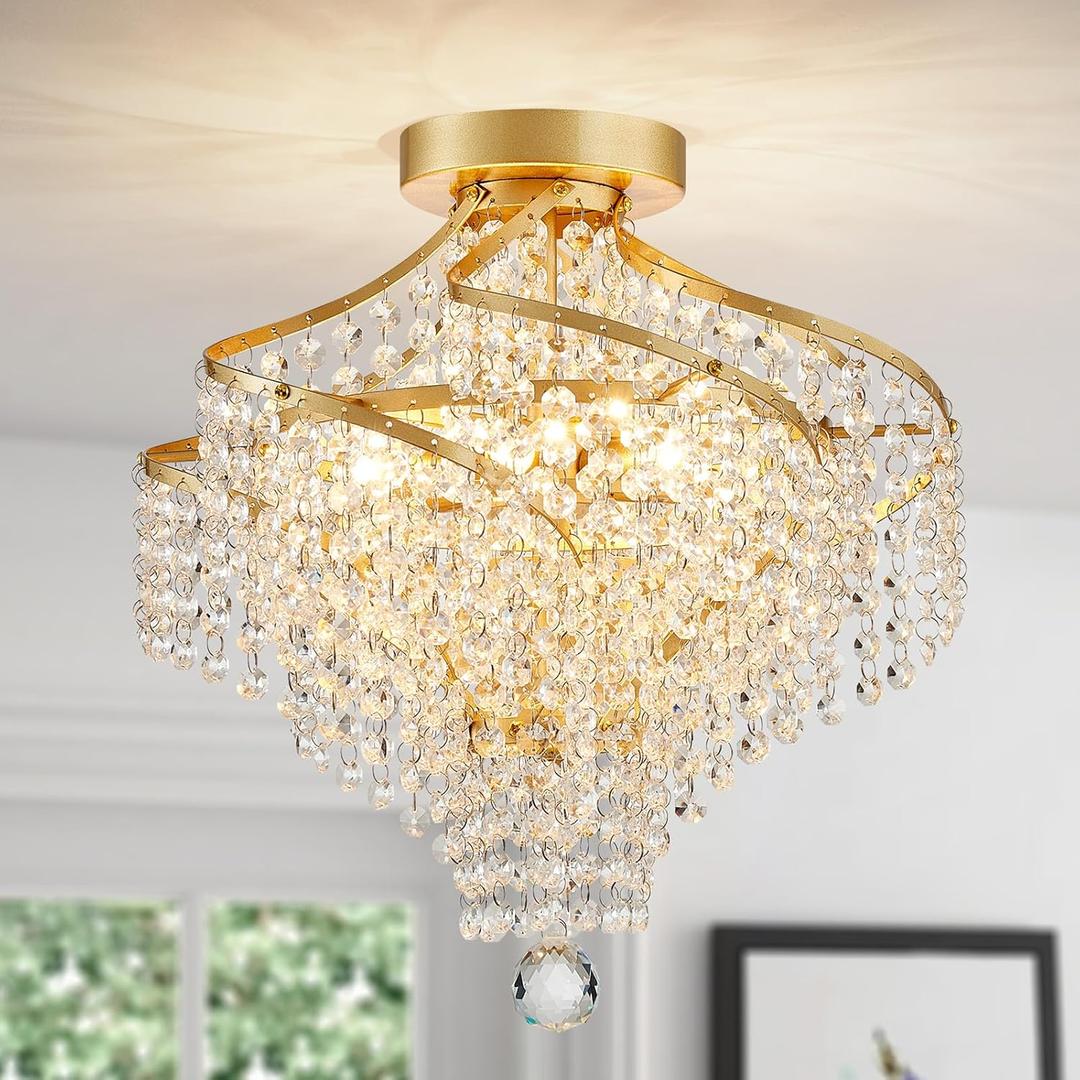 WUZUPS Crystal Chandelier Semi Flushmount Ceiling Light Modern Lighting Fixture for Bedroom Hallway Bar Kitchen Bathroom, H 14.7" x W 14.7", Gold, G9 Base, Ceiling Light, 14.7" High 14.7" Wide