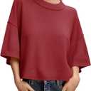 Saodimallsu Womens Short Sleeve Sweater Summer Oversized Cropped Sweaters Casual Crewneck Lightweight Knit Tops (Large, Red)