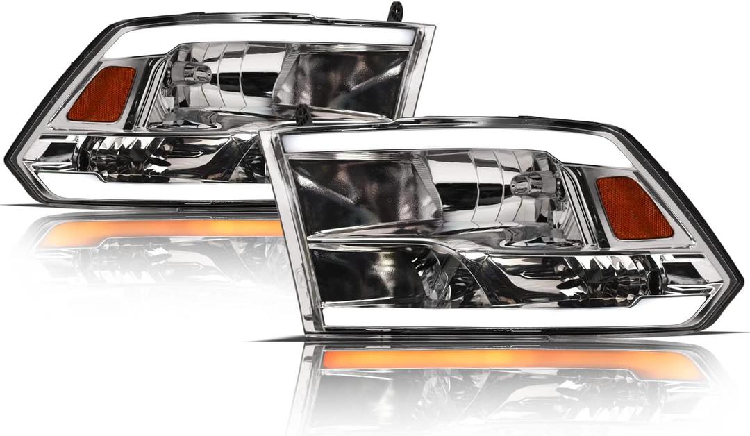 Alpha Owls 8711828 Crystal Headlights With Switchback Sequential LED Light Bar & Startup Light - Chrome Amber Fits 2009-2018 Dodge Ram 1500 2500 3500/2019-2023 Classic Halogen Models