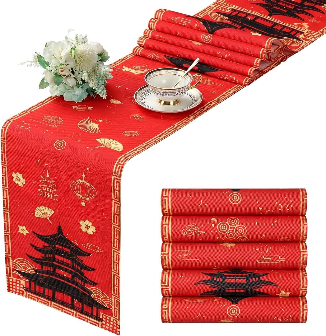Fanfanwin 4 Pcs Hibachi Party Decorations Hibachi Table Runners 13 x 72 Inch, Faux Linen Table Covers, Asian Pagoda Lantern Print Red Tablecloth for Chinese Japanese Themed Birthday Party Supplies