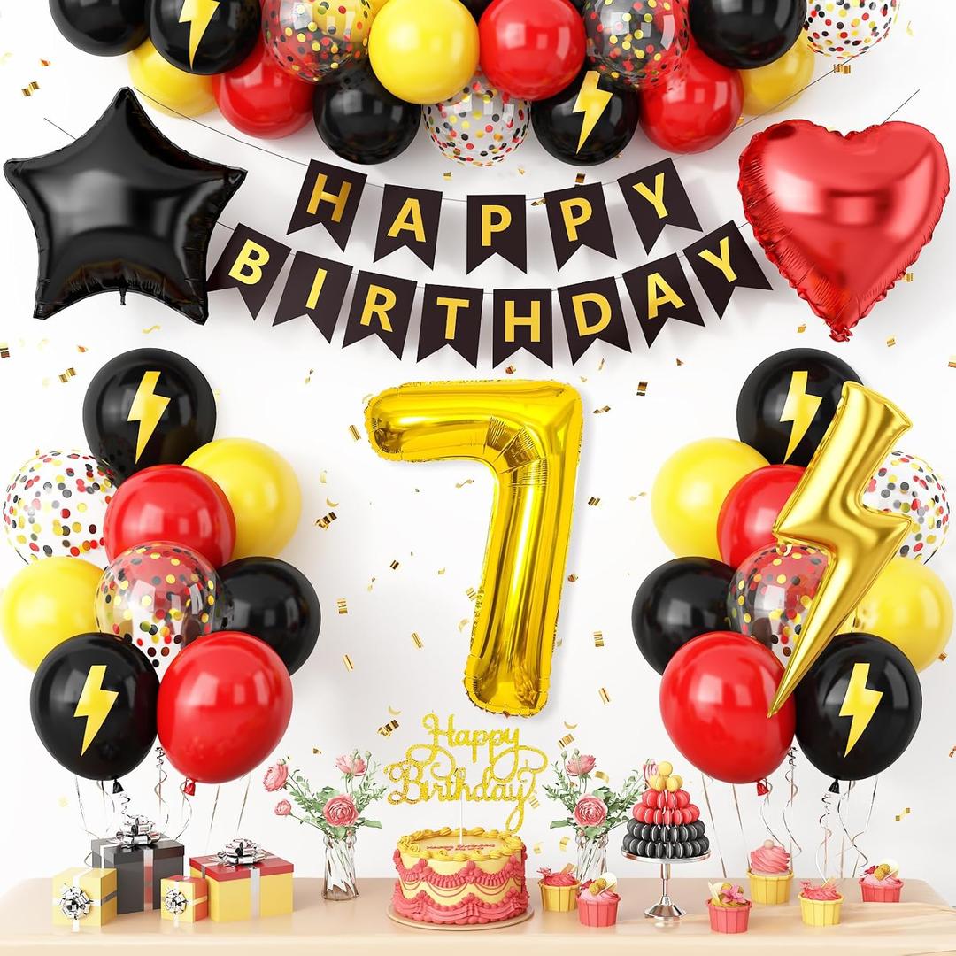 7th Birthday Decorations for Boys,Red Black Yellow Birthday Balloon Kids Printed Number 7 Balloons Banner Cake Topper Boy Girls 7 Year Old Party Decor