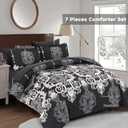 Mybedsoul King Size comforter set, 7 Pieces Boho Bed in a Bag for King Bed, Black Damask Comforter Set with Sheet, Pillowcases & Shams, Soft Microfiber Lightweight Bedding Set for All Season(90"x104")