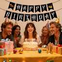 Friendship Themed Birthday Banner, Pre-Strung Party Themed Black Happy Birthday Banner 90s Party Decorations Supplies Accessories for Fan Parties