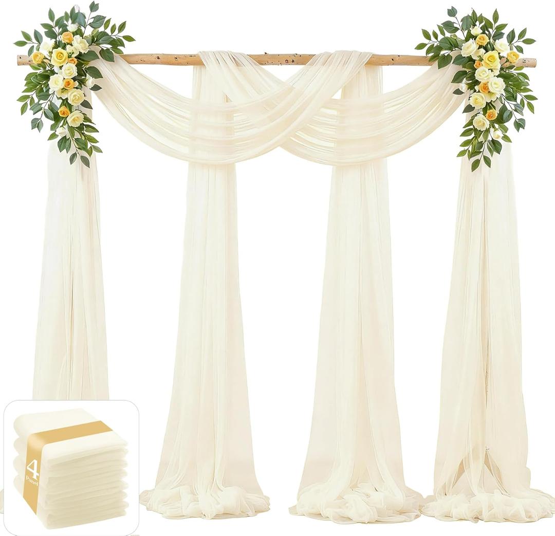 4 Panels Ivory Sheer Fabric for Draping, 30"x19FT Wedding Arch Drapes Tulle Curtains Backdrop, Ivory Chiffon Draping Panels for Wedding Ceremony Party Baby Shower Decorations, Photoshoot & Home Wall