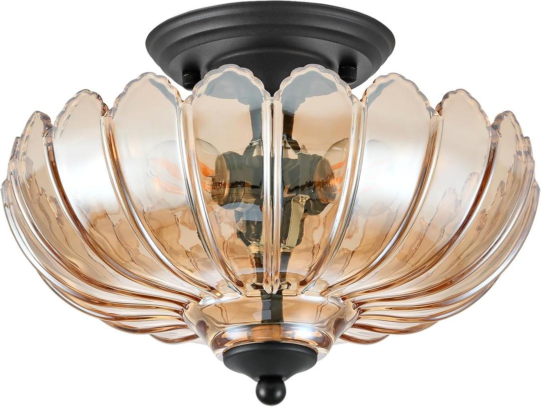 Amber Glass Ceiling Light Fixture - Handcrafted Art Glass Semi Flush Mount with 3 E26 Bulb Sockets, Warm Amber Shade Lighting for Living Room Dining Room Hallway, Vintage Indoor Chandelier (11.8inch)