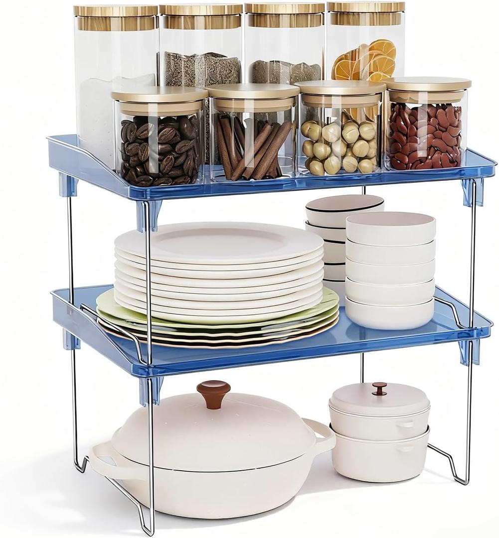 STARLATTA Acrylic Cabinet Organizer Shelf,4 Pcs Stackable Kitchen Counter Shelves, Spice Rack, Countertop Organizers, Clear Plastic Storage Organization for Makeup, Bathroom, Cupboard,Desk, Pantry (2 pack, blue)