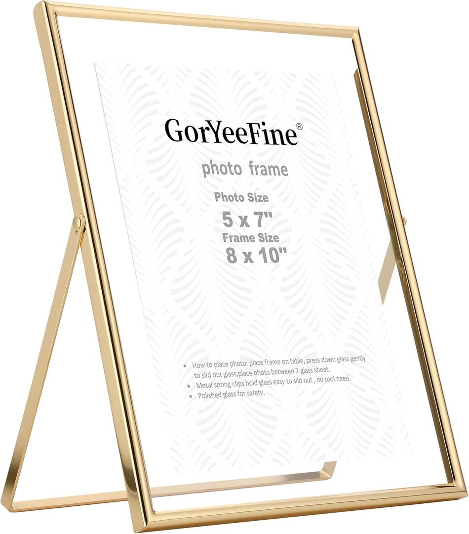 Gold 8x10" Floating Picture Frame Fits(5x7'',6x8"&7x9") Photos Adjustable TabletopShelf Display Premium Gift picture frame 5x7'' for Wedding,Thanksgiving,Christmas Home & Office Decor