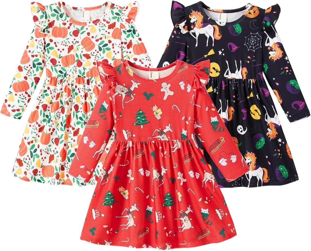 PATPAT Multipack Girl Toddler Dresses Sleeveless Flamingo Striped Toddler Casual Dresses (18-24 Months, Red Christmas)