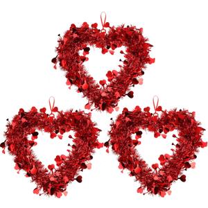 Chuangdi 3 Pcs Valentine Heart Wreaths for Front Door, 14 Inch Valentines Day Decorations with Heart Tinsel Foil Love Hanging Gift for Anniversary Wedding Party Wall Window Mantel Decor (Red)