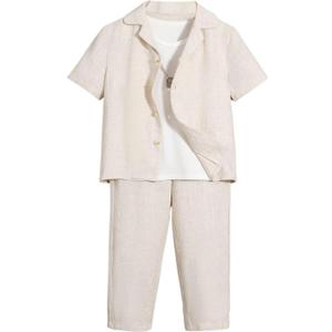 Verdusa Boy's 2 Piece Sets Linen Set Going Out Summer Outfits Button Up Shirt and Shorts Pants Set 7Y