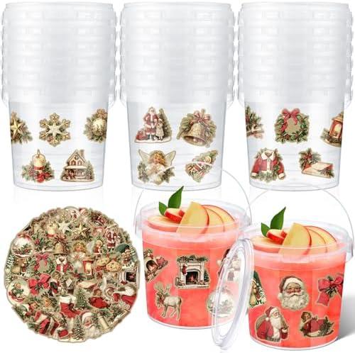 PerKoop 20 Pcs 32 oz Ice Cream Buckets with Lids and Handles Clear Cocktail Rum Buckets with Stickers Plastic Transparent Tub Reusable Food Storage Containers for Parties(Christmas Leaf)