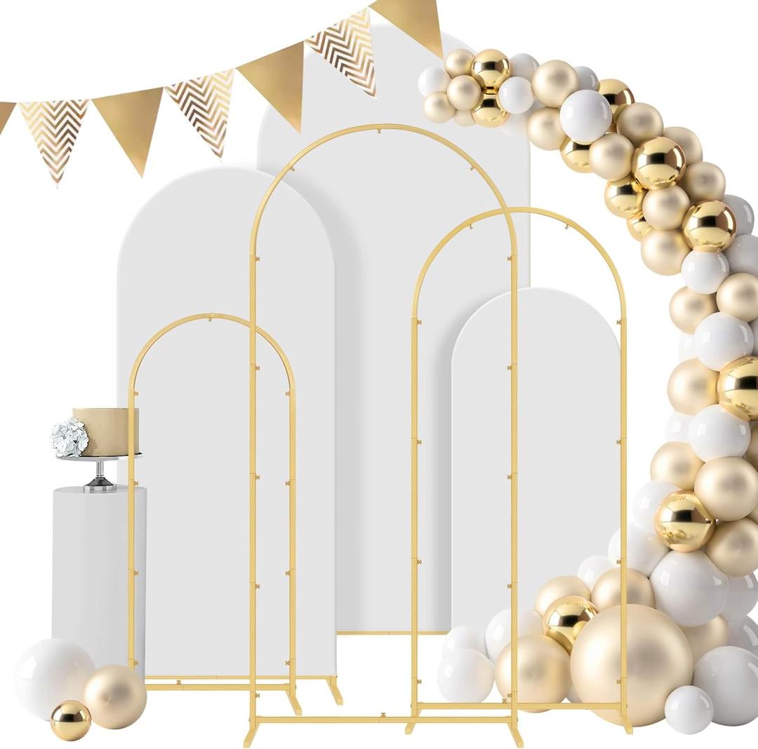Wedding Arch Backdrop Stand Set of 3, (4, 5, 6)Metal Arch Backdrop Stand with Wedding Arch Cover, Wedding Balloon Arch Backdrop Stand for Birthday, Baby Shower, Anniversary, Graduation Decoration. (Stand+Cover+White, 4FT+5FT+6FT)