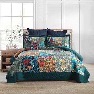 Autumn Dream Cotton Bedspread Quilt Sets Reversible Bedding Coverlet Sets Comforter, Vintage Floral Patchwork Turquoise Bedspread, Queen Size (Queen (90 by98 Inch))