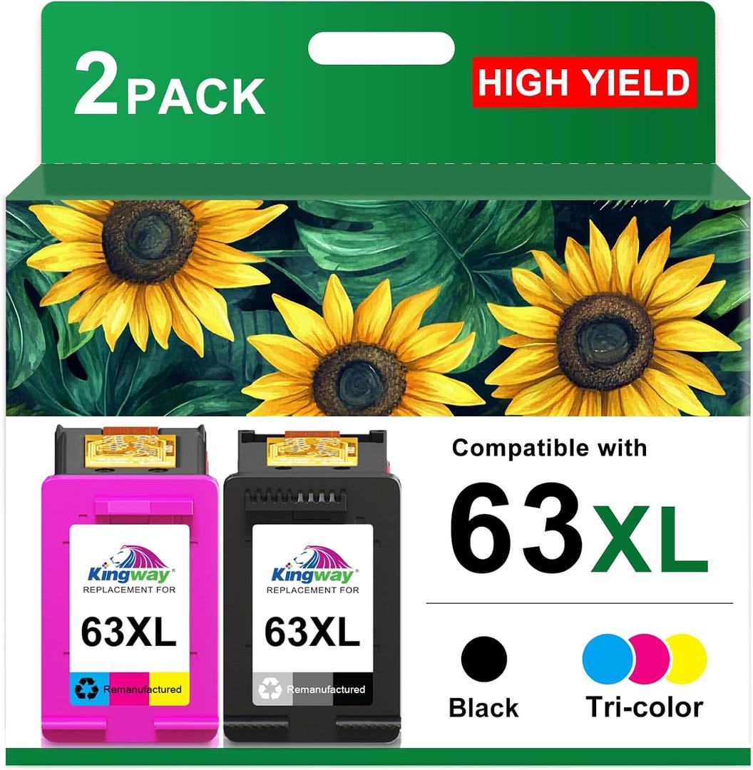 KINGWAY 63XL Ink Cartridge Black and Color Combo Pack Replacement for HP 63 63XL Printers Work for HP OfficeJet 3830 4650 5255 5258 5200 Envy 4520 4512 4510 DeskJet 1112 2130 3630 (2 Pack)