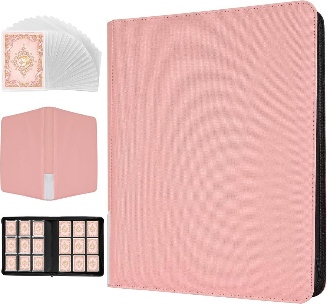 Pink Toploader Card Binder, 9-Pocket Zippered Album with 20 Sleeves, Holds 360 Toploaders, Thermo PU Leather Collector Organizer for Pokemon, Sports Cards, TCG & K-pop Photocards