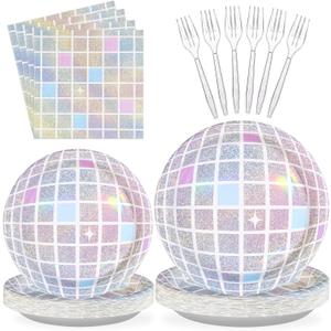 96Pcs Disco Party Supplies Pink Pastel Silver Disco Ball Plates and Napkins Sets Rainbow Iridescent Birthday Decorations for Dancing Queen 17th Wedding Sprinkle Bachelorette 70s Disco Party Serves 24