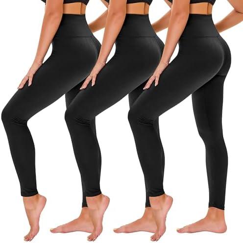 TNNZEET 3 Pack Leggings for Women - Black Tummy Control High Waisted Soft Yoga Pants for Workout Gym Running with Pockets S/M