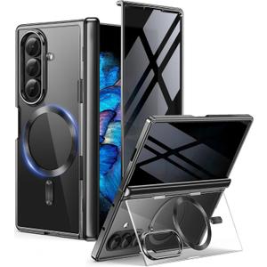BERFY for Z Fold 7 Case with Privacy Screen Protector, [Compatible with Magsafe][Hidden Kickstand] Clear Plating Design Full-Body Slim Shockproof Hard Phone Case for Samsung Galaxy Z Fold 7, Black