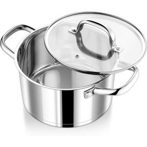 P&P CHEF 4 Quarts Cooking Stock Pot with Lid, Stainless Steel Stockpot Induction Pot for Soup, Tri-Ply Bottom & Clear Glass Lid & Double Handle, Dishwasher Safe