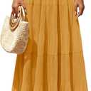 Women's Chiffon Pleated Maxi Skirt Elastic High Waisted Boho A-Line Fall Flowy White Long Skirts with Lining (Yellow, M)