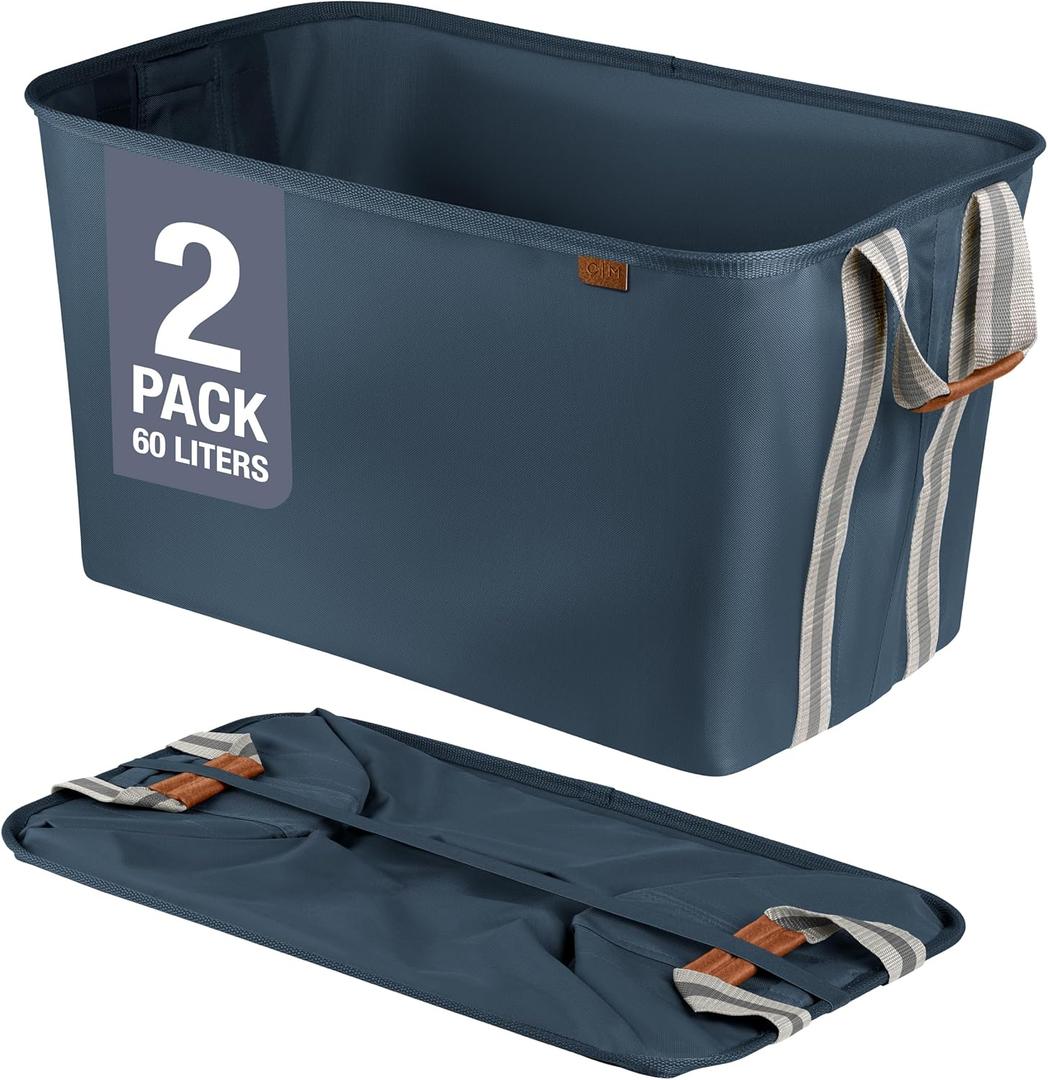 CleverMade Collapsible Laundry Basket Hamper - LUXE Navy Noir Cream 2Pack 60L - Space Saving Storage Organizer with Handles Foldable Home Organization