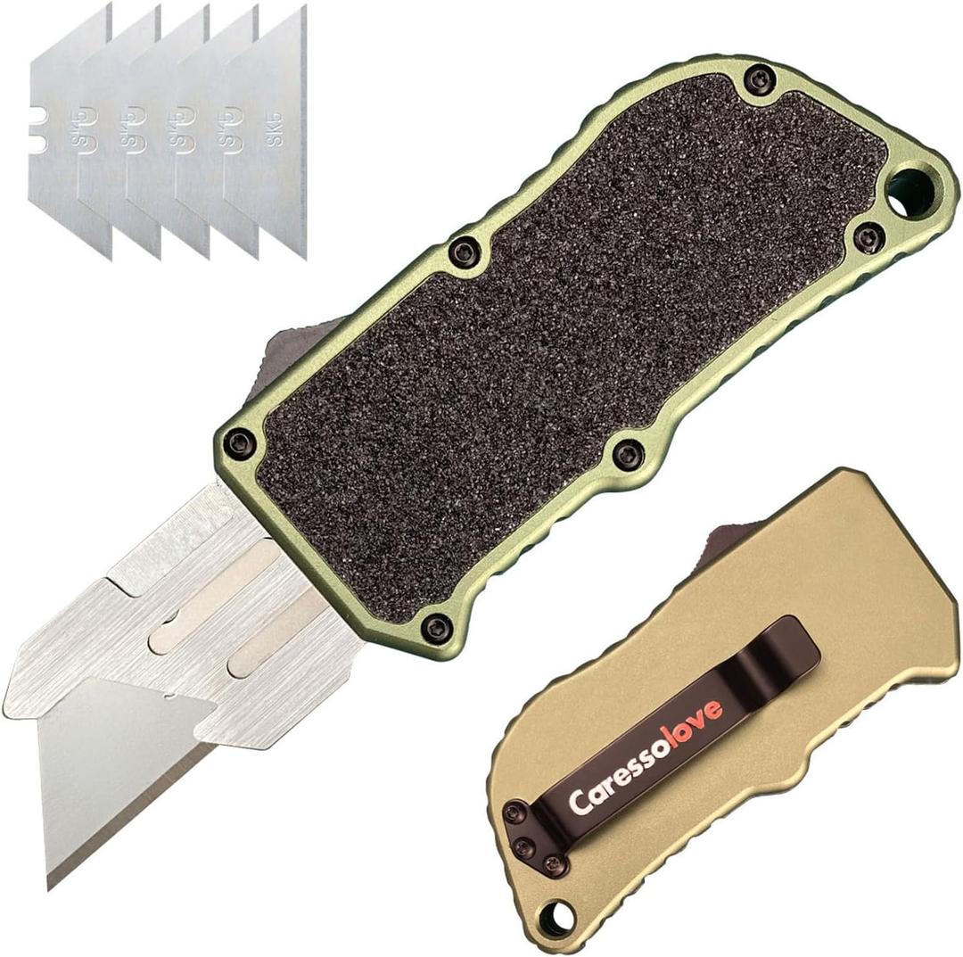 Automatic Utility Knife, Aviation Aluminium Changeable Blade Box Cutter, Double Action Auto Retractable Razor Knife, Out The Front Automatic Pocket Knife With 5pcs Spare Blades