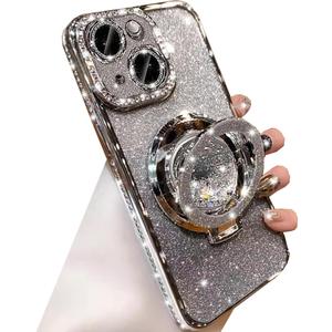 Glitter Kickstand Case for iPhone 14, Luxury Bling Sparkly Diamond Rhinestone with Camera Lens Protector Liquid Flowing Ring Stand TPU Bumper Slim Women Girls Case for iPhone 14 6.1" (Silver)