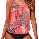 Yonique Two Piece Blouson Tankini Swimsuits for Women Modest Bathing Suits Loose Fit Swimwear Red Floral Large