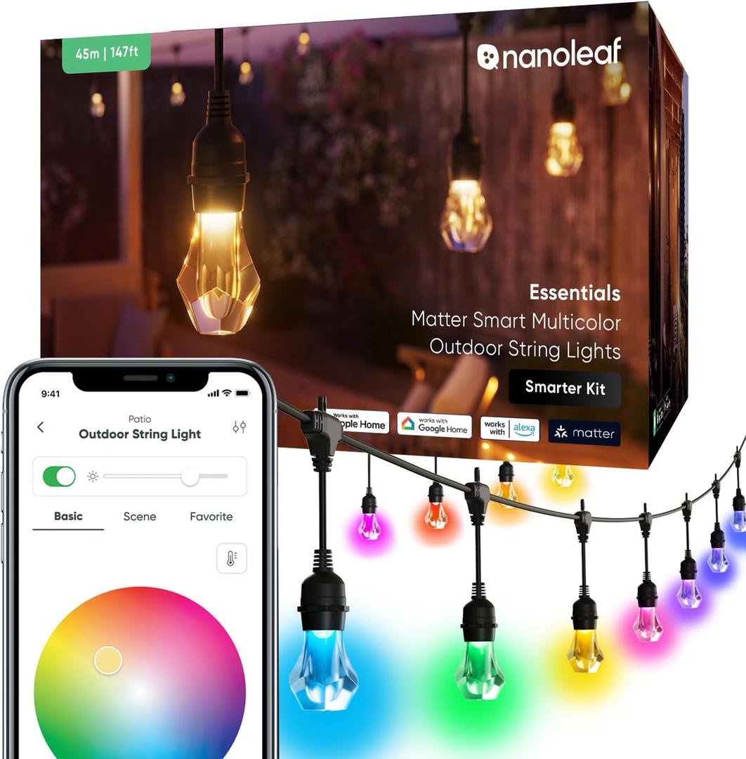 Nanoleaf Essentials Matter Smart Multicolor Outdoor String Lights, 60 Bulbs