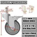 RILIDRI 2-Inch Swivel Stem Caster, 7/16-Inch Stem Diameter Rubber Wheel, Thermoplastic Rubber TPR Replacement Wheels - 4 Pack(2 Brakes 2 Swivel)