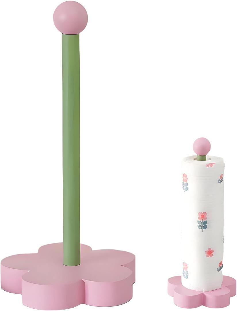 Paper Towel Holder Countertop, Cute Decorative Wooden Standing Paper Towel Roll Holder for Kitchen Bathroom, Bars & Dining Tables (Pink Round Ball)