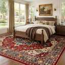 RELEANY Area Rugs 9'x12' Washable Non-Slip, Floral Vintage Distress Print Pattern Medallion Carpet for Living Room Bedroom Dining Room, Red Blue