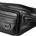 Leather Fanny Pack Mens Genuine Leather Waist Bag Sport Travel Hiking (Black)