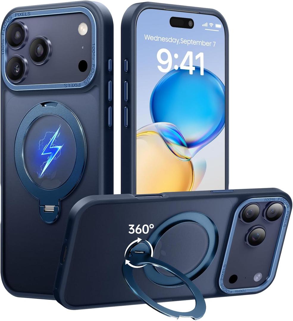 360 Spin Magnetic Stand for iPhone 17 Pro Max Case, Fit for MagSafe, Mil-STD Protective Case for iPhone 17 Pro Max Phone Case with Kickstand Rotatable 6.9 inch, Deep Blue