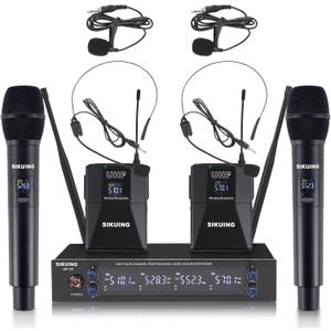 4 Channel UHF Wireless Microphone System with Lavalier Headset Mics, 4x50 Adjustable Frequencies, Ideal for Karaoke Meeting Church, 300ft Range (2 Handheld 2 Bodypack)