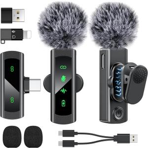 USB C Wireless Lavalier Microphone for iPhone 15 16, Mini LED Display Microphone for Android with Noise Reduction, Lapel Magnetic Clip-on Mic for Recording Content Creator Vlog Tiktok YouTube