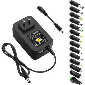ALITOVE 30W Universal Power Adapter Adjustable AC Adapter 3V 4.5V 5V 6V 7.5V 9V 12V 2.5A Max Variable Power Supply 100V-240V AC to DC 3V~12V 0.5A 1A 1.5A 2A with 5V 2.1A USB Port 14 Tips, 4.9FT Cord