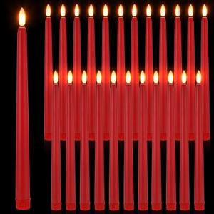 Macarrie 24 Packs Flameless Taper Candles Battery Operated Fake 11 Inch Long Candlelight LED Flameless Candlesticks Flickering Tapered for Spring Summer Wedding(Red)