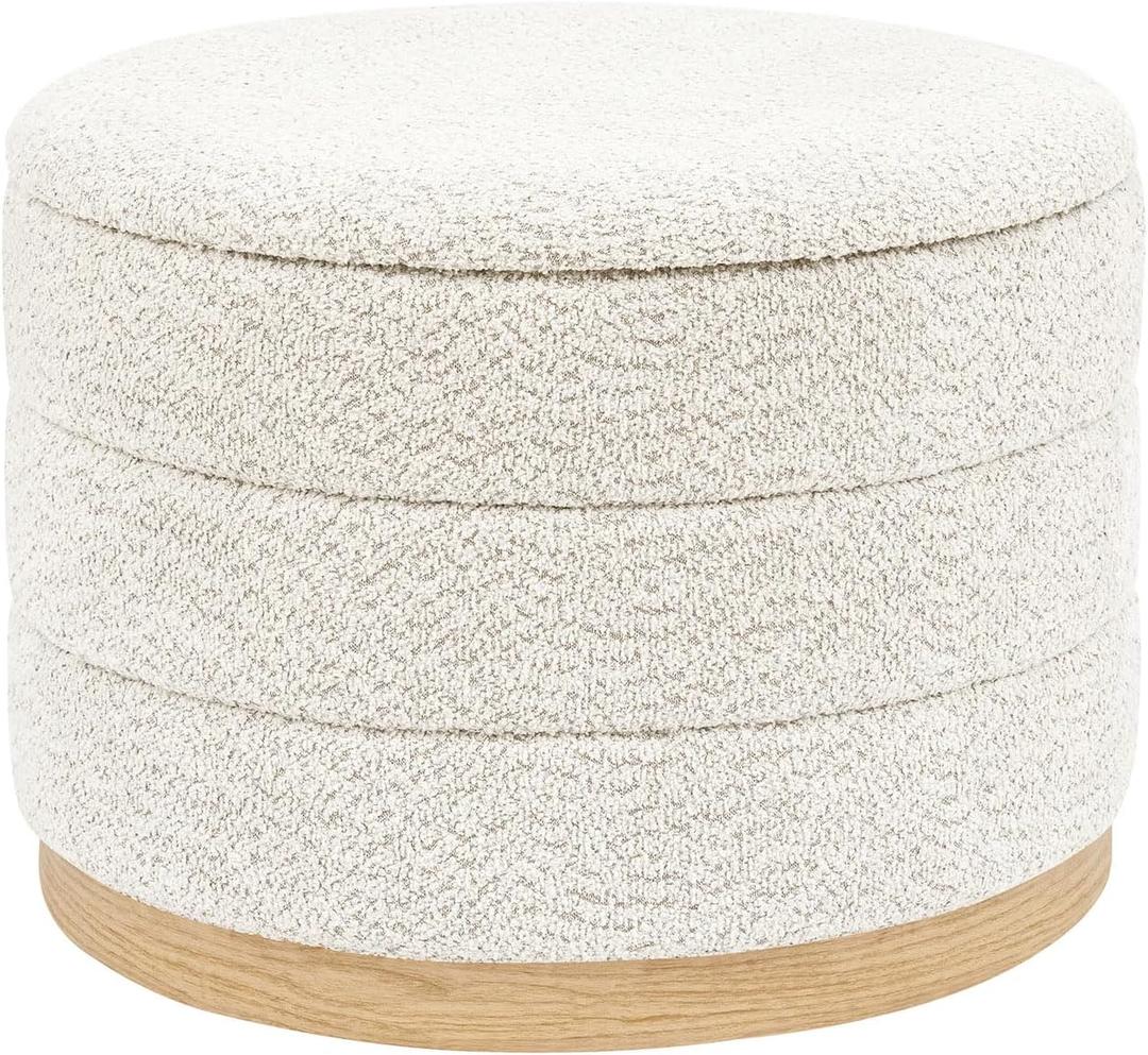 Round Storage Ottoman with Tray Lid, Folding Chenille Fabric Footrest with Hidden Storage, 22.8" Large Footstool Side Table for Dorm Living Room Bedroom, Wood Grain Base, Cream White, 22.8"D x 22.8"W x 17.3"H