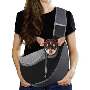 Pawaboo Pet Dog Sling Carrier, Hand Free Drawstring Dog Papoose with Adjustable Strap, Breathable Mesh Bag for Puppy Cat, Crossbody Satchel Dog Purse with Pocket for Outdoor, Dark Gray+Black, Medium