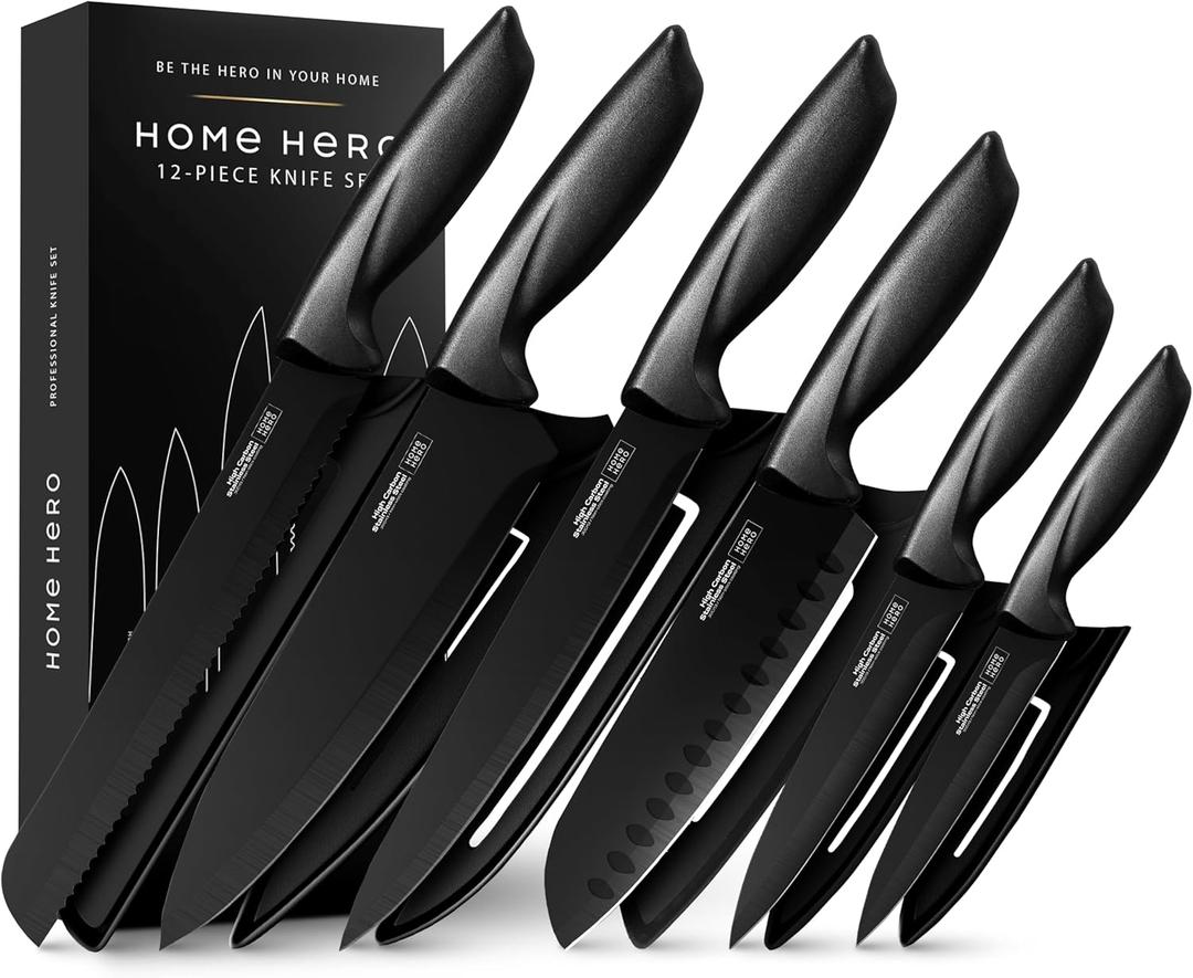 Home Hero High Carbon Stainless Steel Knife Set - Chef Knife Set Precision Slicing & Versatility - Nonstick Ceramic Coated Blades & Easy Cleaning - Ergonomic Handles & Secure Grip - 12-Piece, Black