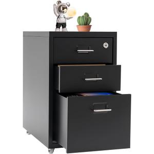 Vertical File Cabinet, 3-Drawer Metal Mobile File Cabinet with Lock, 11 * 16 * 18.3In Filing Cabinet Under Desk with Tag Jacks for Home Office (Black)